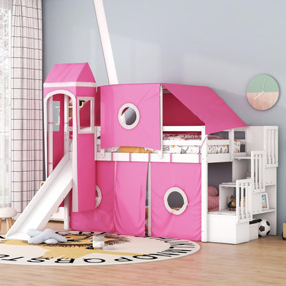 Harper & Bright Designs House Loft Bed with Slide and Storage Stairs, Wood Kids Loft Bed with Tent and Tower, Playhouse Loft Bed Frame for Kids, Teens (Twin Size, Pink)