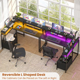 Homieasy Computer Desk with File Drawer Cabinet, L Shaped Office Desk with Printer Stand & Full Monitor Stand, 48 Inch Gaming Desk with Power Outlets Led Light Storage Bag Hanging Hooks, Black Homieasy