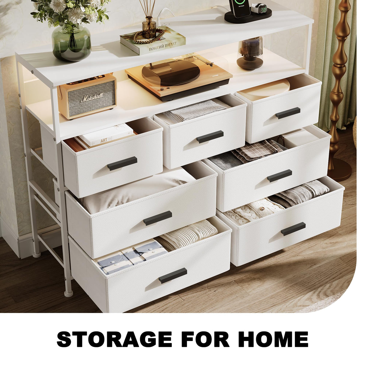 NASHZEN Dresser TV Stand with 7 Drawers, Dresser TV Stand with LED Lights & Power Outlets, Bedroom Dresser, Chest of Drawers up to 45'' Long TV, Wide Fabric Dresser with Open Shelf (White) NASHZEN