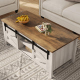 Furmax Coffee Table with Storage and Sliding Barn Doors, Farmhouse Living Room Table with Adjustable Shelves, Wood Rustic Center Table for Home Living Meeting Room (Antique White) Furmax