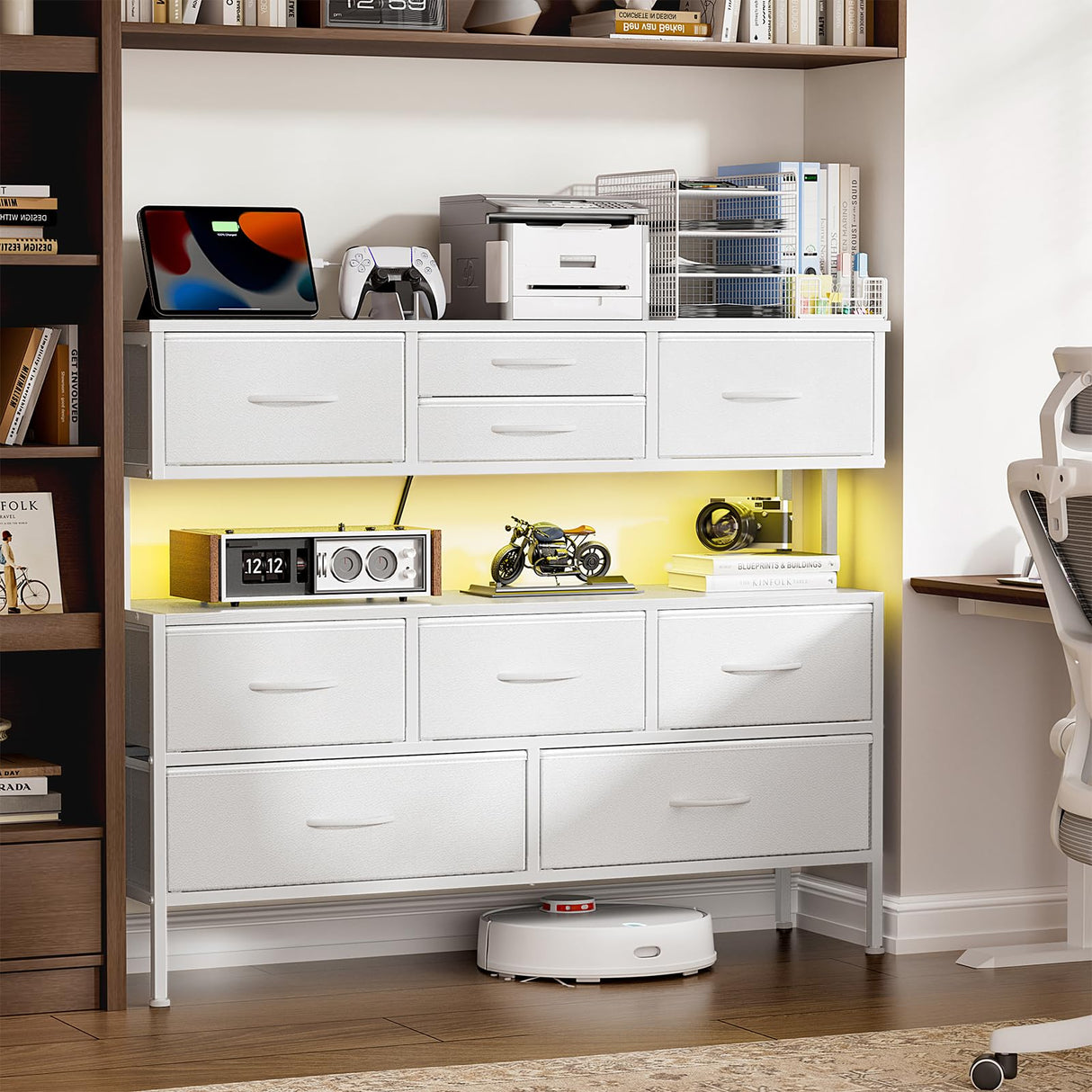 REAHOME Dresser TV Stand with Charging Station and LED Lights, 55” TV Stand with 9 Drawers, Fabric Dresser for Bedroom, Steel Frame, Large Storage Chest of Drawers for Closet, Living Room, White REAHOME