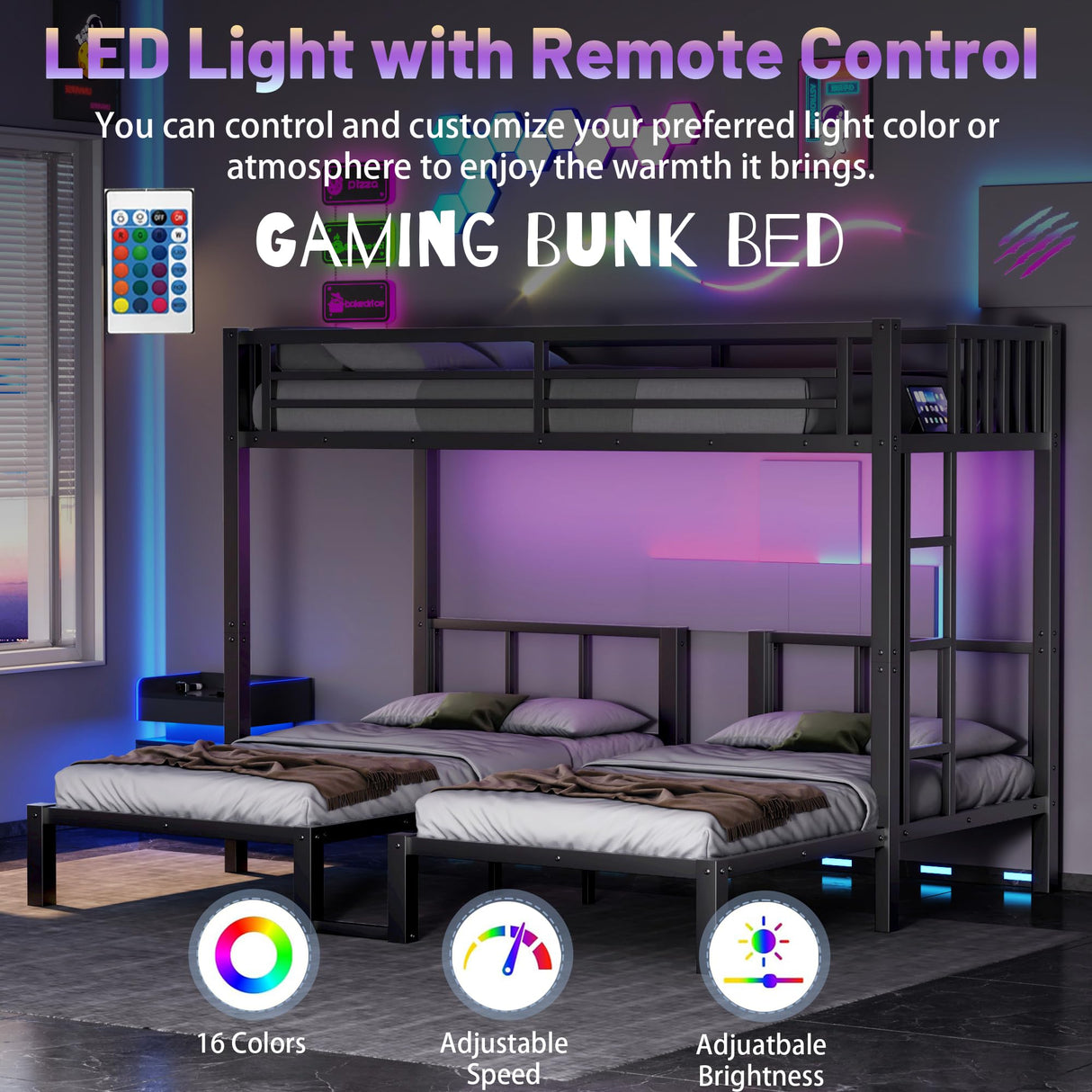 Triple Bunk Bed for Kids with LED Light ,Metal Heavy Duty 3 Bunk Beds with Charge Station & Storage Shelf, Convertible Three Bunk Beds for Girls Boys Teens,Can be Separated into 3 Beds , Black MoproBeti