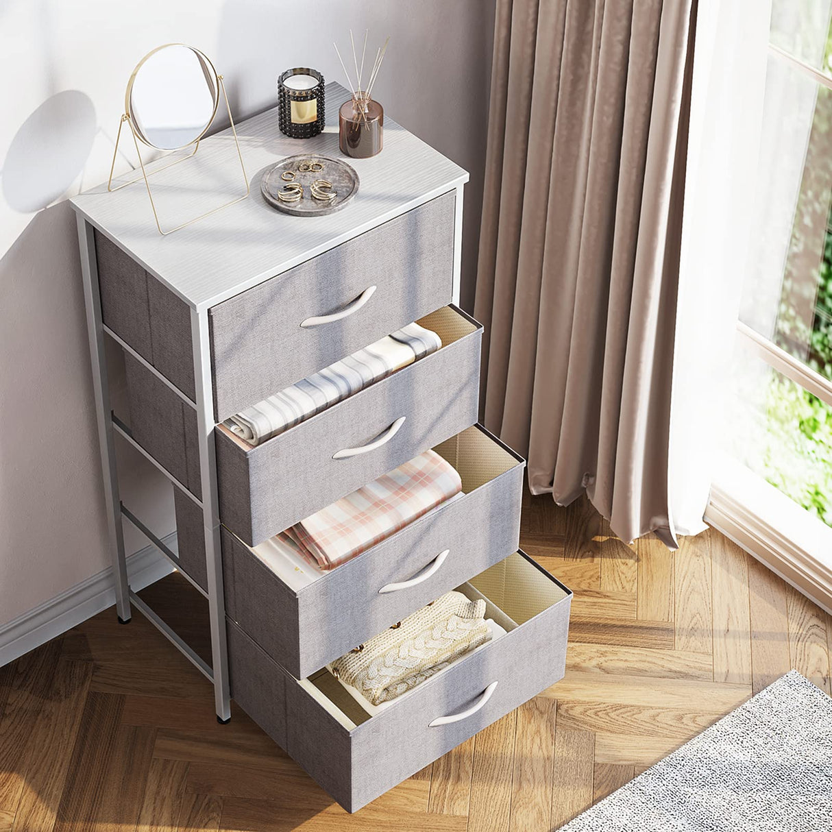 ODK Dresser for Bedroom with 4 Storage Drawers, Small Dresser Chest of Fabric Drawers with Sturdy Steel Frame, Wood Top, Light Grey ODK