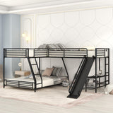 MaiDeHaoo L Shaped Triple Bunk Bed Twin Over Full 3 Bunk Bed with Slide and Desk, Black MaiDeHaoo