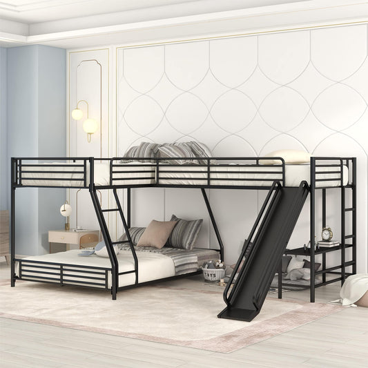 SOFTSEA Metal L Shaped Bunk Bed with Slide and Small Desk, Twin Over Full and Twin Triple Bunk Bed