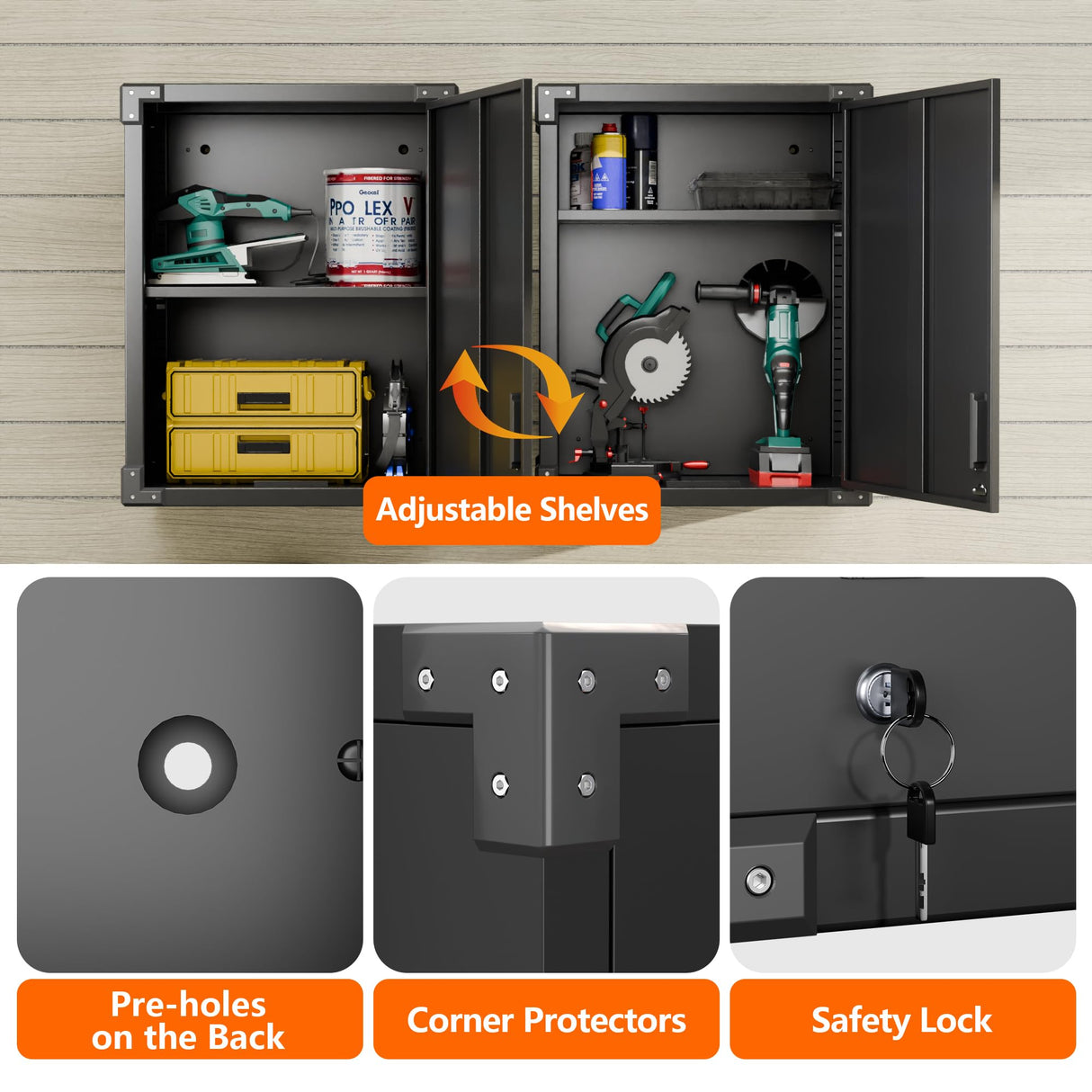 Aobabo Metal Wall Cabinet with Door, Lock and Adjustable Shelf, Metal Hanging Cabinet, Steel Garage Storage Cabinet for Home, Office and Kitchen, Black Aobabo