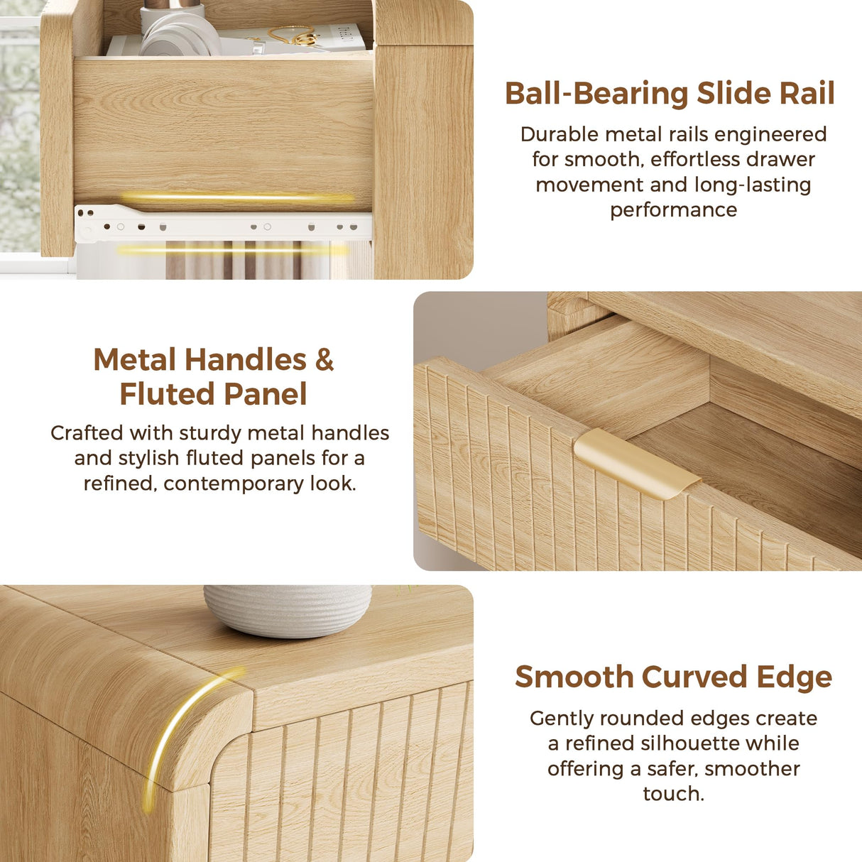 Jocoevol Modern 6 Drawer Dresser, 47" Wide Wood Dressers & Chests of Drawers Curved Profile Design, Mid Century Modern Fluted Dresser for Bedroom, Natural Oak Jocoevol