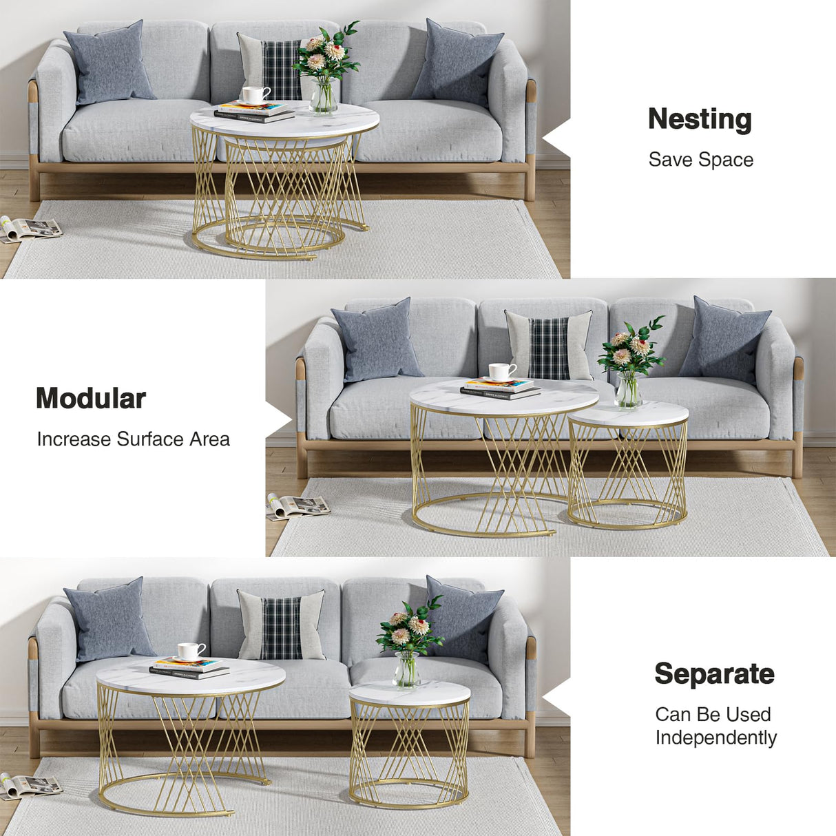 Giluta Round Coffee Table Set of 2, Modern Coffee Tables for Living Room, Faux Marble Center Table, Nesting Coffee Table Simple Nightstand Giluta