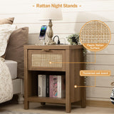 SICOTAS Rattan Nightstand Set of 2, Farmhouse Night Stands with Charging Station Bedside Table with Drawer, Boho End Table with USB and Type-C Ports for Bedroom Small Space, Oak Wood SICOTAS