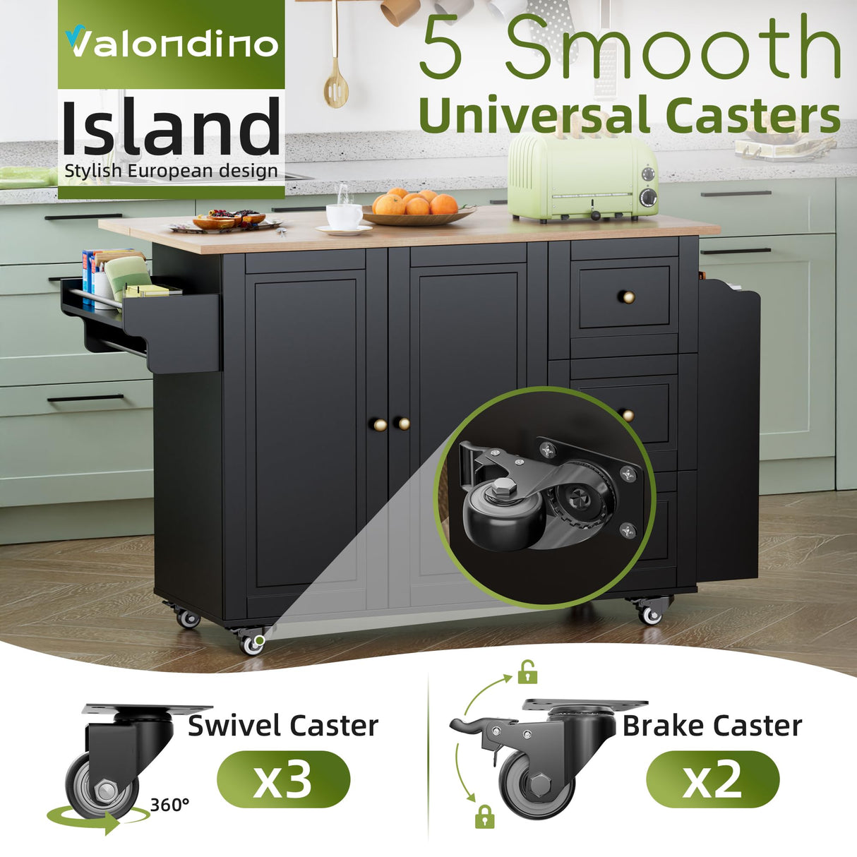 55.6“ Kitchen Island On Wheels, Rolling Kitchen Island Cart with Drop Leaf, Kitchen Storage Cabinet with 3 Drawers and Inner Adjustable Shelves for Dining Room/Living Room, Towel Rack Spice Cart Black VALONDINO