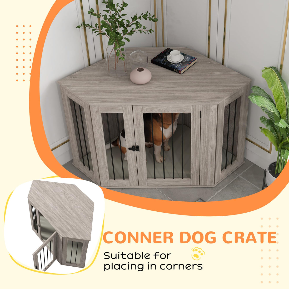 PawHut Corner Dog Crate Furniture, End Table Dog Kennel Furniture with Cushion, Pet Crate for Large-Sized Dog Indoor Use, Walnut Brown PawHut
