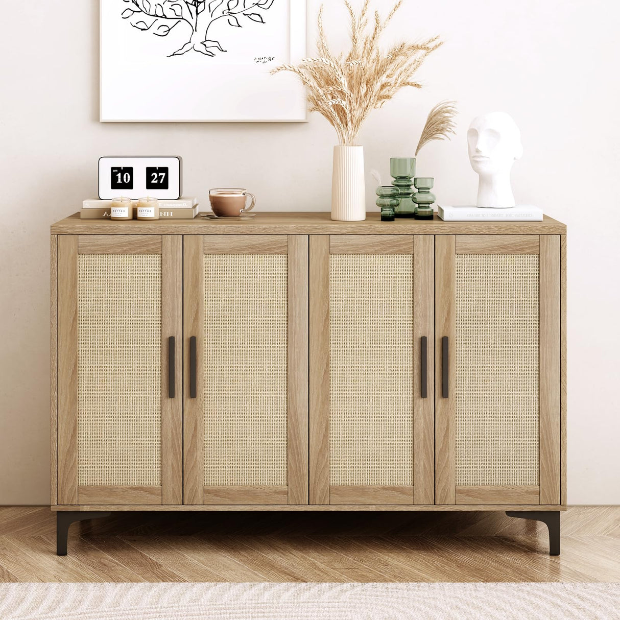 Sideboard Buffet Cabinet with Storage, Rattan Kitchen Storage Cabinet with Doors and Adjustable Shelves, Coffee Bar Cabinet, Entryway Cabinet, Rattan Sideboard Console Table for Dining Room, Natural Jheumaj