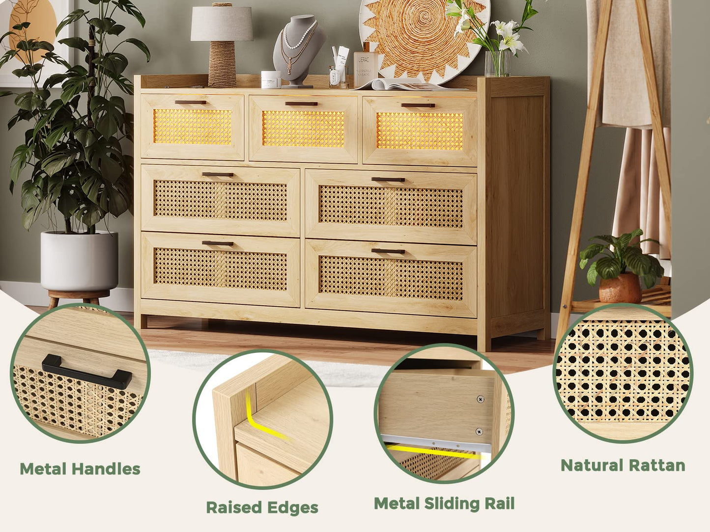 AOGLLATI Dresser for Bedroom with Led Light, Natural Rattan 7 Drawer Dressers, Dressers & Chests of Drawers, Closet Wooden Long Bedroom, Hallway, Entryway