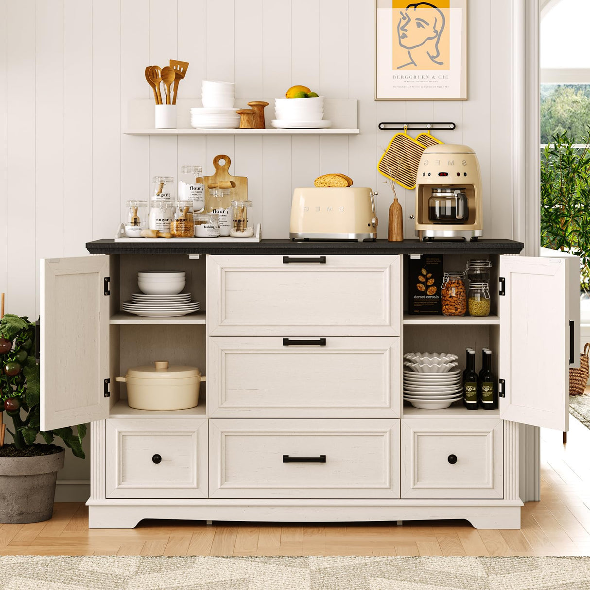 Maupvit Farmhouse 48" Buffet Cabinet with Storage,Coffee Bar Cabinet for Kitchen,Living Room,Wood Rustic Sideboard Cabinet w/5 Drawers&2 Grooved Doors,White Maupvit
