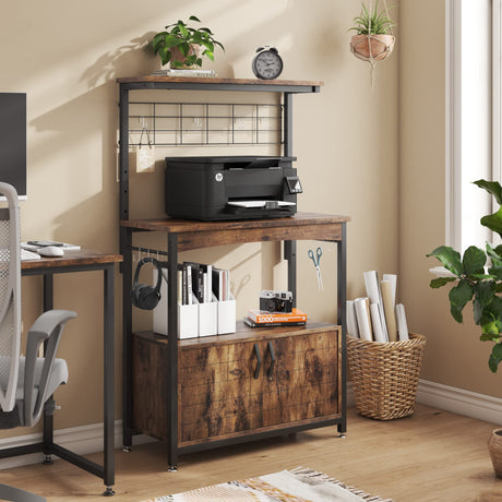 Bestier Bakers Racks with Storage Cabinet, Height-Adjustable 45" to 55" Microwave Stand for Kitchen with Wheels & Feet, Industrial Rolling Coffee Bar Shelf with 10 S-Hooks Rustic Brown Bestier
