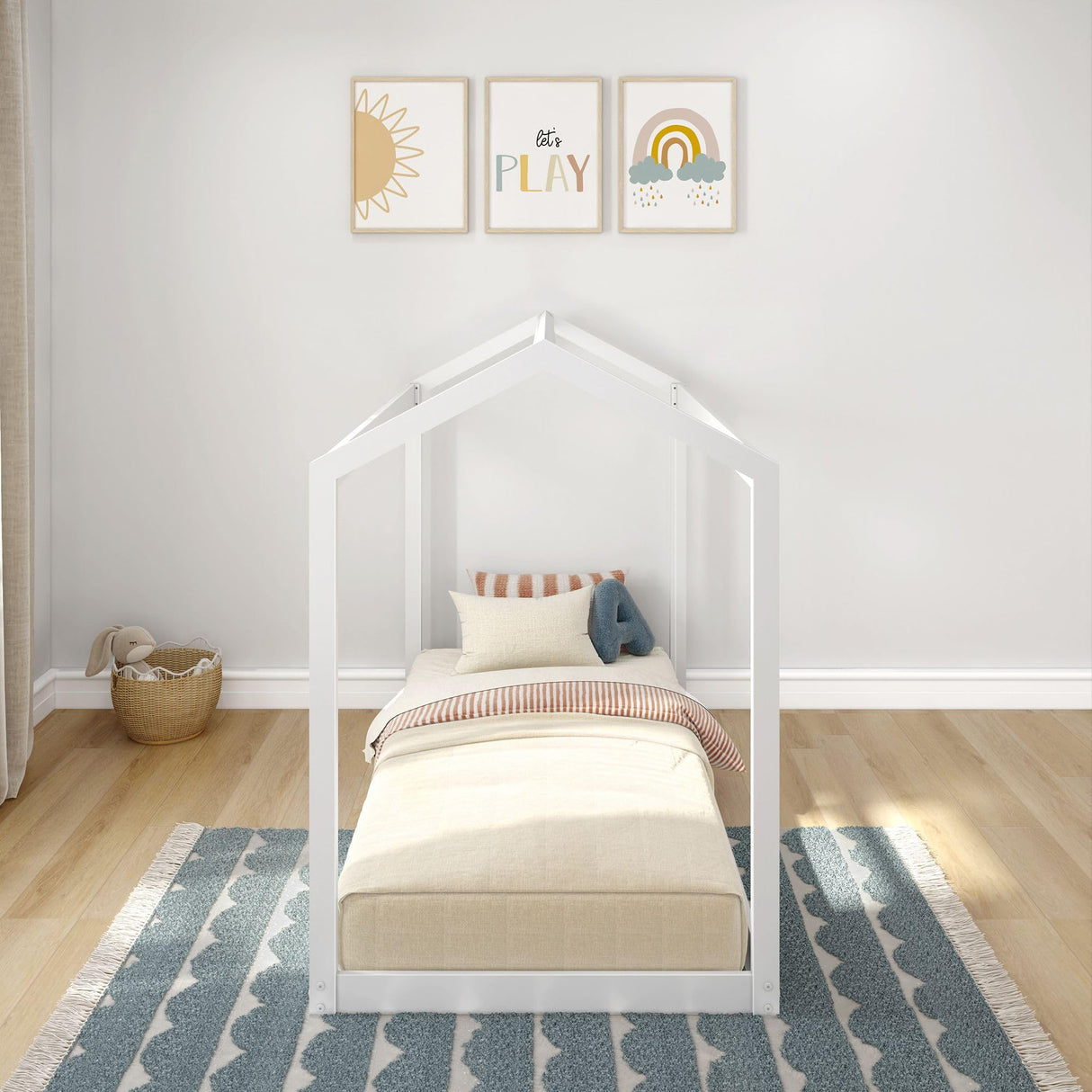 Max & Lily Twin Floor House Bed, Modern Solid Wood Low Bed Frame for Kids, Montessori Floor Bed for Bedroom, Playroom, Wooden Slats, White Max & Lily