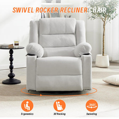 Sftaiyou 360°Swivel Rocker Recliner Chair for Adults,Manual Glider Recliner Sofa with Massage and Heating, Nursery Rocking Chairs with Cup Holds for Living Room Bedroom (Beige) Sftaiyou