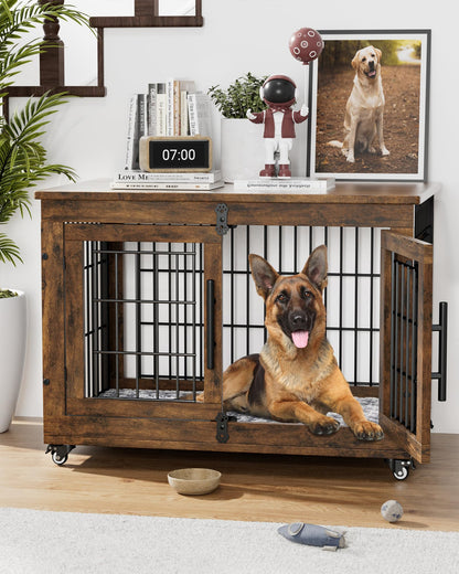 YaFiti Dog Crate Furniture with Cushion, Wooden Dog Kennel with Double Doors, Heavy Duty Dog Cage End Table with Wheels, Dog House Indoor for Small Medium Dogs up to 45 lb, 32.5” L, Rustic Br - WoodArtSupply