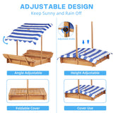 Kids Sandbox with Adjustable Cover and Foldable Bench Seats, 46''x46'' Outdoor Wooden Sandpit for Backyard Play SoliWood