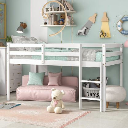 LoLado Twin Low Loft Bed for Kids with Ladder and Guard Rails - Sturdy Solid Wood Frame in White - WoodArtSupply