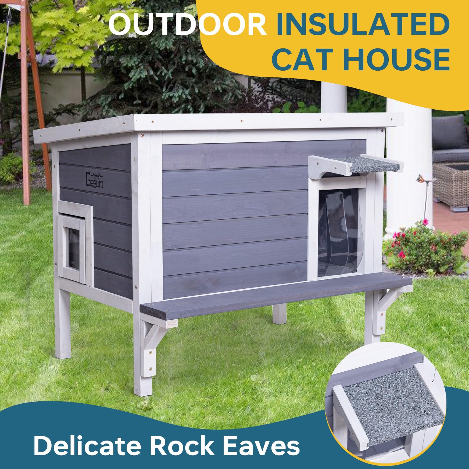 GEGURI Insulated Cat House Outdoor Weatherproof, Feral Cat Shelter for Winter, Large Wooden Enclosure - WoodArtSupply