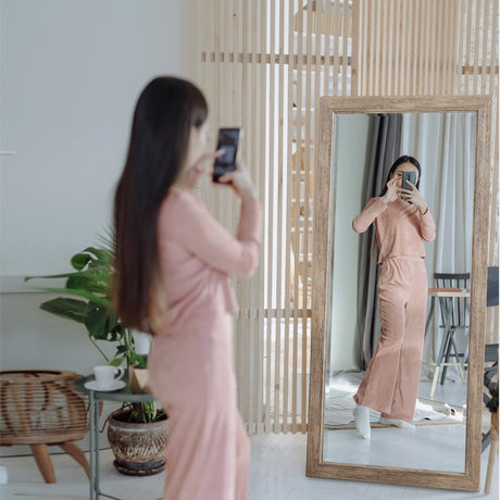 Naomi Home Farmhouse Full-Length Mirror with Wood Frame – Rustic 66"x32" Large Floor Mirror, Elegant Full Body Standing or Wall Mirror, Rustic Wood Mirror Full Length for Bedroom, Warm Grey Finish Naomi Home