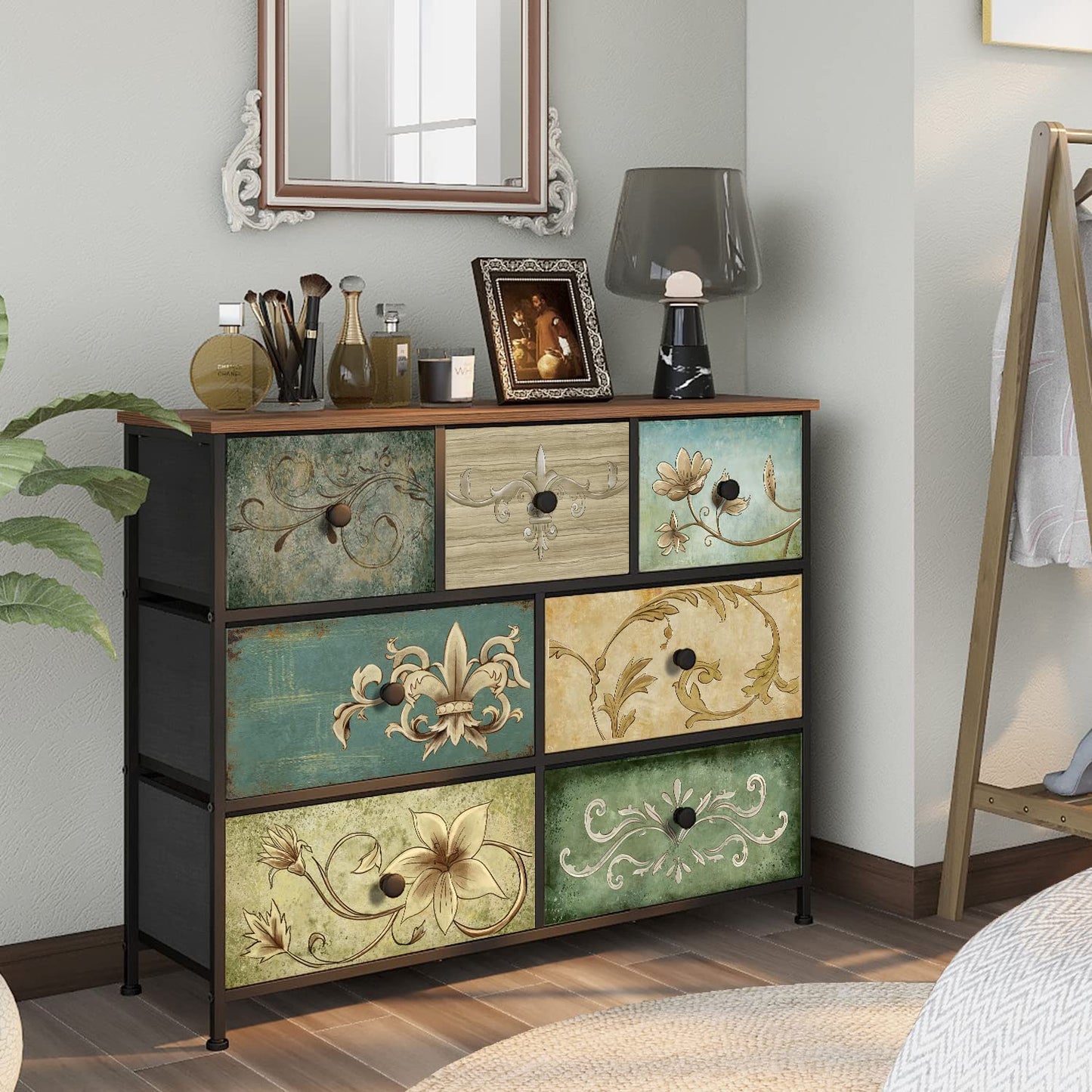 Tohomeor Dresser with Drawers for Bedroom Chest of Drawers Fabric Dresser for Closet,Nursery Entryway Hall Tree TV Stand for Living Room Retro Floral Pattern Drawers Wooden Top (7 Drawers)