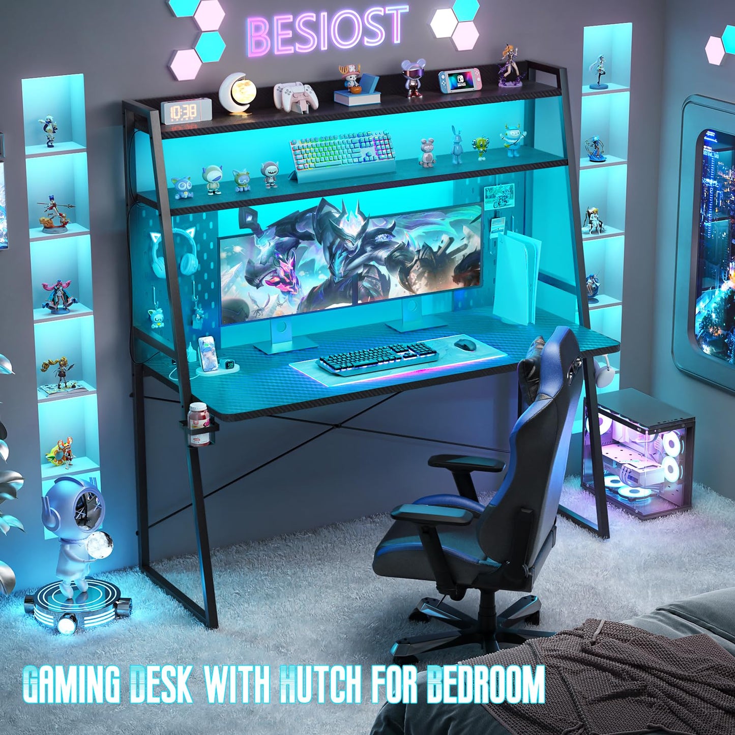 Besiost Gaming Desk with Hutch and LED Lights, Gaming Computer Desk with Power Outlets, Gamer Desk with Storage Shelves, PC Gaming Desk with Pegboards, for Bedroom, Carbon Fiber Black, 49"