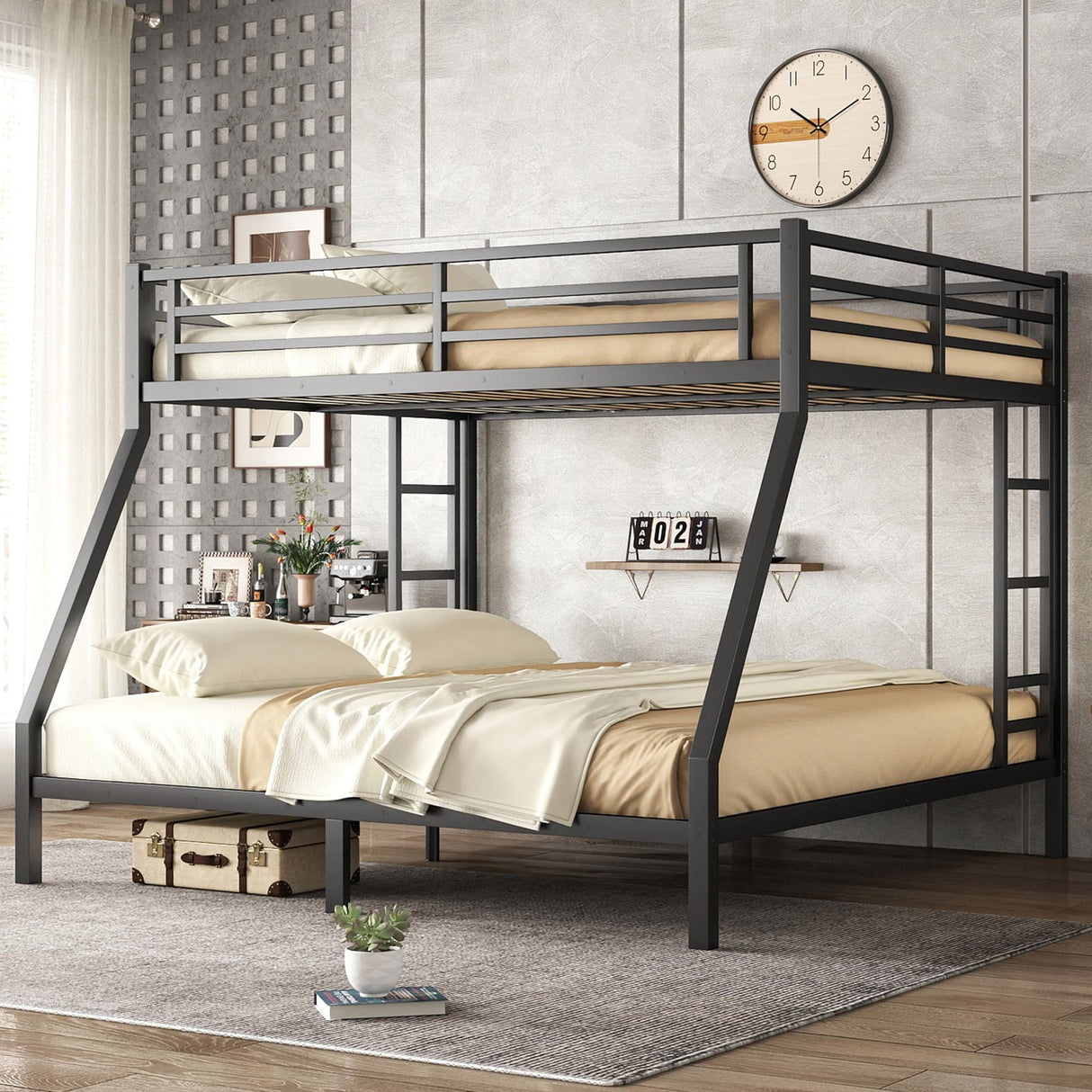 Bellemave Bunk Bed Queen Over King, Heavy Duty Metal Bunk Bed Frame, King bunk Bed for Adults, Adult bunk beds Heavy Duty, Black Bellemave