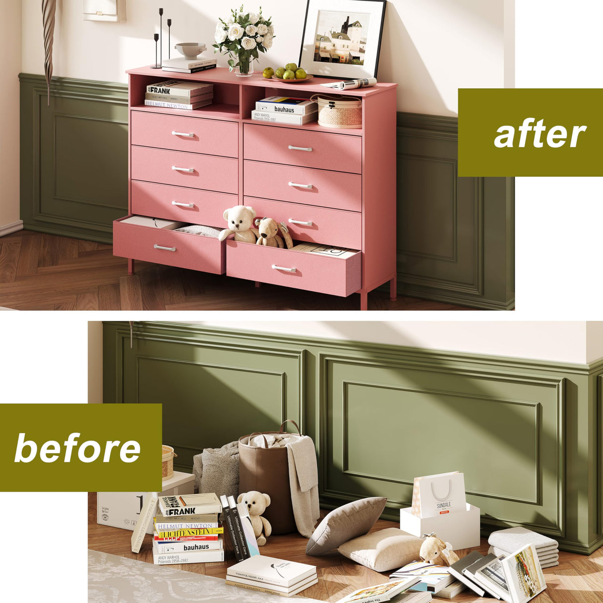 Dresser for Bedroom Pink Bedroom Dresser with LED Lights and Charging Station, 8 Long Fabric Drawers Dresser, Tall Wide Chest of Drawers Storage Organizer TV Stand for up to 60" TV for Living Room SOOWERY