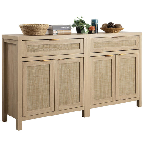 SICOTAS Sideboard Buffet Storage Cabinet Set of 2, Rattan Credenza Buffet Table, Boho Console Accent Cabinet with Doors and Drawer, Coffee Bar Cabinet for Kitchen Entryway Living Room, Natural SICOTAS