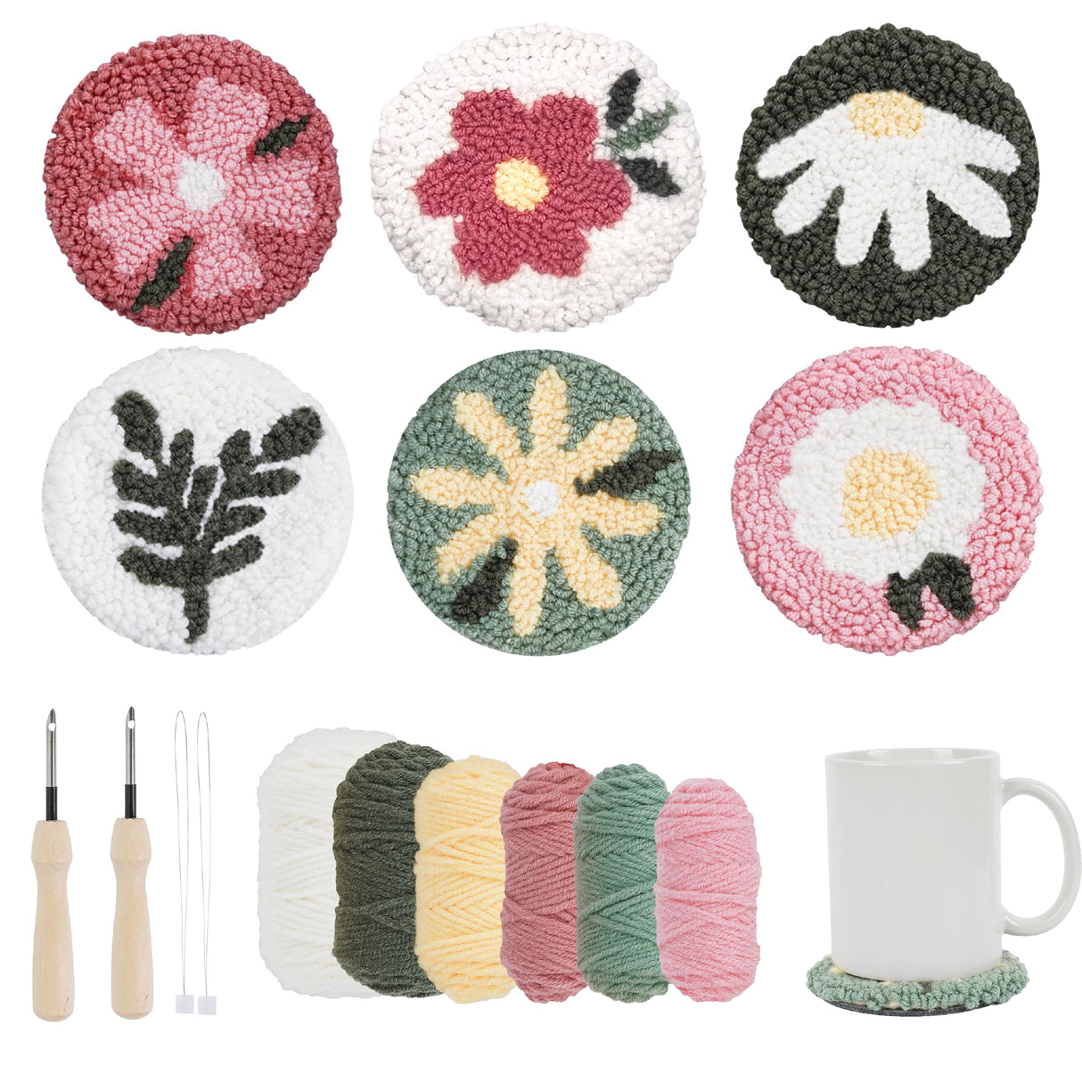 Punch Needle Kit – 6 Floral Design Punch Needle Embroidery Kit w/Monk Cloth, Embroidery Hoop, Yarn & More - Essential Punch Needle Supplies for Crafters - Ideal Punch Art for Beginners Emri Lane