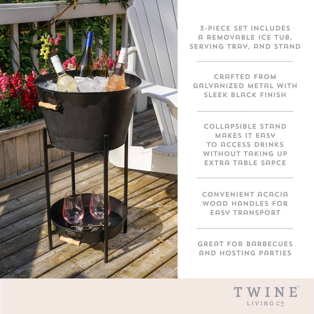Twine Black Beverage Tub with Collapsible Stand, Large Metal Bucket and Tray, Ice Drink Buckets with Acacia Wood Handles for Parties, 3-Piece Set Twine