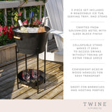 Twine Black Beverage Tub with Collapsible Stand, Large Metal Bucket and Tray, Ice Drink Buckets with Acacia Wood Handles for Parties, 3-Piece Set Twine