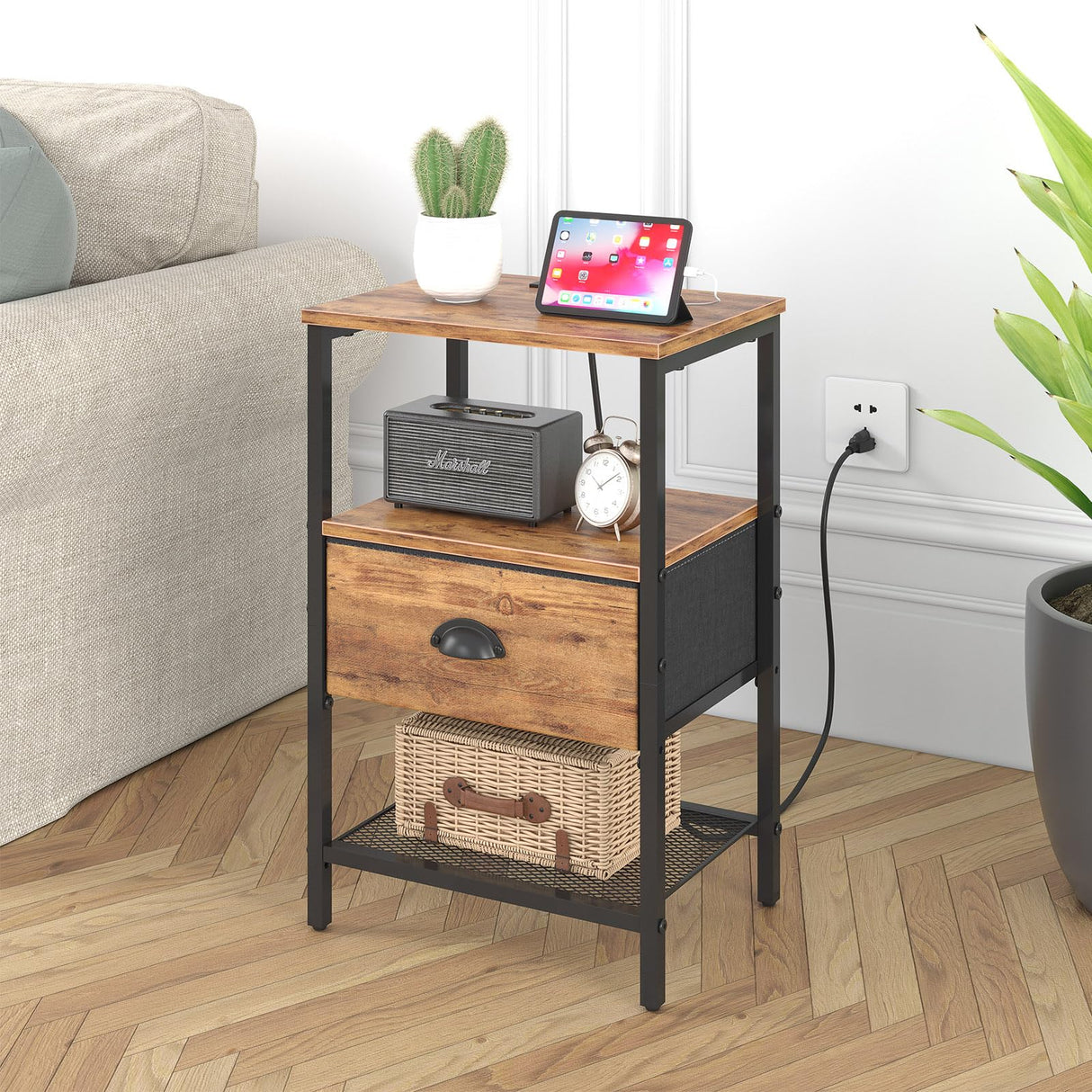 sthmec Nightstands Set of 2, Night Stands with Charging Station and Fabric Drawer, Bedside Tables with Storage, 2- Tier Side Table with Open Shelf, Nightstands with Charging Station,Rustic Brown sthmec