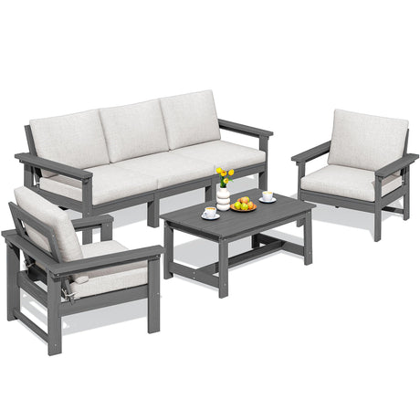 SERWALL HDPE Patio Conversation Set, 6-Piece Sectional Outdoor Furniture Set, All Weather Outdoor Couch Set Patio Furniture Set for Deck, Lawn, Grey Frame with Khaki Cushion SERWALL