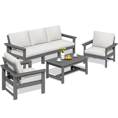 SERWALL HDPE Patio Conversation Set, 6-Piece Sectional Outdoor Furniture Set, All Weather Outdoor Couch Set Patio Furniture Set for Deck, Lawn, Grey Frame with Khaki Cushion