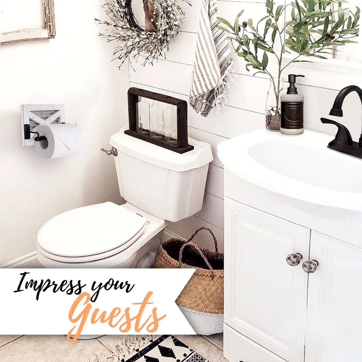 Autumn Alley White Farmhouse Toilet Paper Holder Wall - Farmhouse Bathroom Decorative Accessories Country - White Washed Wood, Galvanized Metal & Matte Black Metal - Adds Rustic Bathroom Charm Autumn Alley