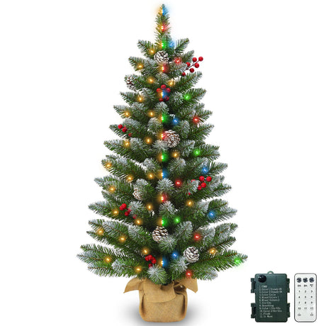 Remote Control - 3 Ft Artificial Mini Christmas Tree, Tabletop Christmas Tree with 50 Warm White & Colorful Lights Timer Battery Operated 110 Branches 12 Pinecones 84 Red Berry Burlap Base Xmas Decor AMENON