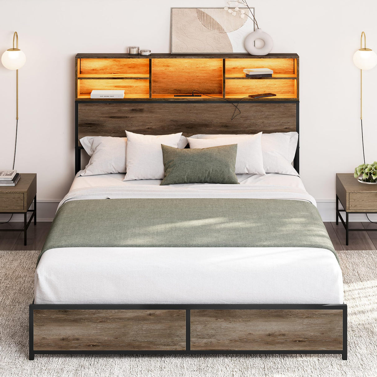 BELLEZE Riviera Full Size Bed Frame with Storage Headboard, RGB LED Light and Fast Charging Station BELLEZE