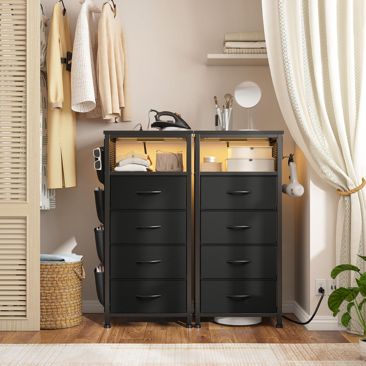 EnHomee Black Nightstand Set of 2,Night Stand with Charging Station & LED, Bedside Table with Fabric Drawers and Storage Shelf, Sturdy Steel Frame, Wood Top,Cloth Bags,Hooks EnHomee