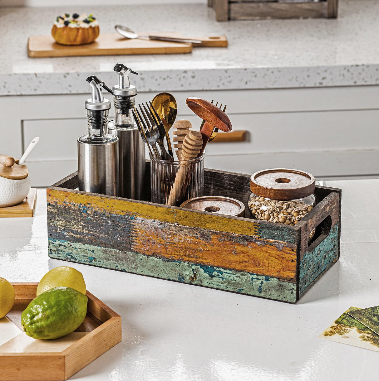 TIMRIS Farmhouse Distressed Wooden Storage Box, Rustic Bathroom Decor Box, Decorative Toilet Tank Basket Nice Butt, Solid Reclaimed Wood Organizer Box with Handles (Random) TIMRIS