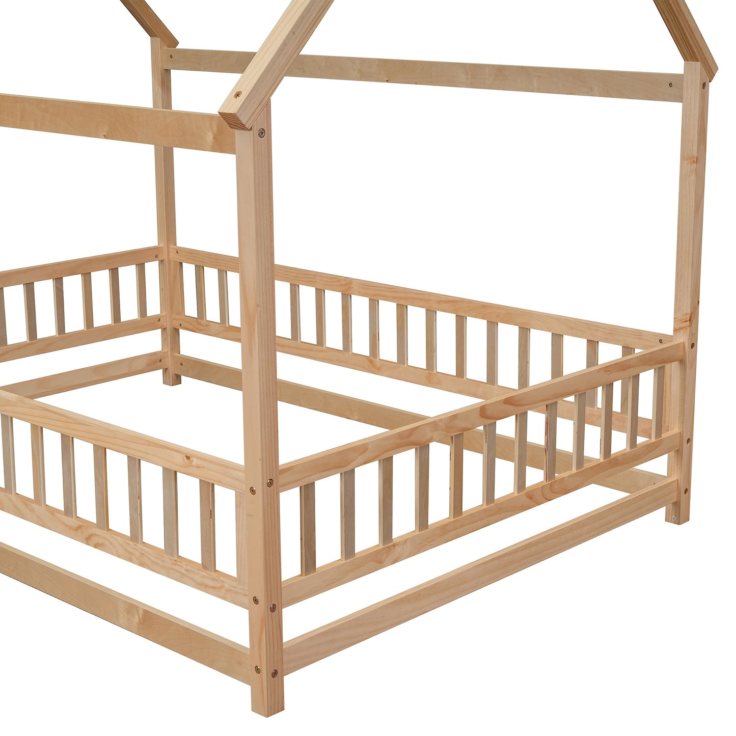 Bellemave Full Size Kids House Bed with Roof and Fence - Solid Wood Montessori Floor Bed in Natural Finish - WoodArtSupply