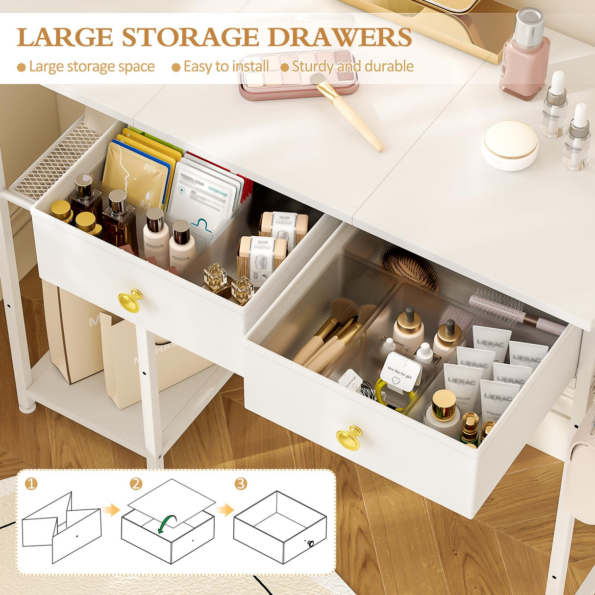 3IngSeagulls White Vanity Desk Without Mirror for Bedroom, Makeup Desk with 2 Fabric Drawers, Vanity Desk with Iron Hook, 36 Inches Vanity with Storage, White 3IngSeagulls
