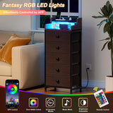 REAHOME 5 Drawer Dresser for Bedroom with Charging Station and LED Lights, Brown Chest of Drawers with Shelves, Tall Night Stand with Sturdy Steel Frame & Wood Top for Bedroom - Brown REAHOME