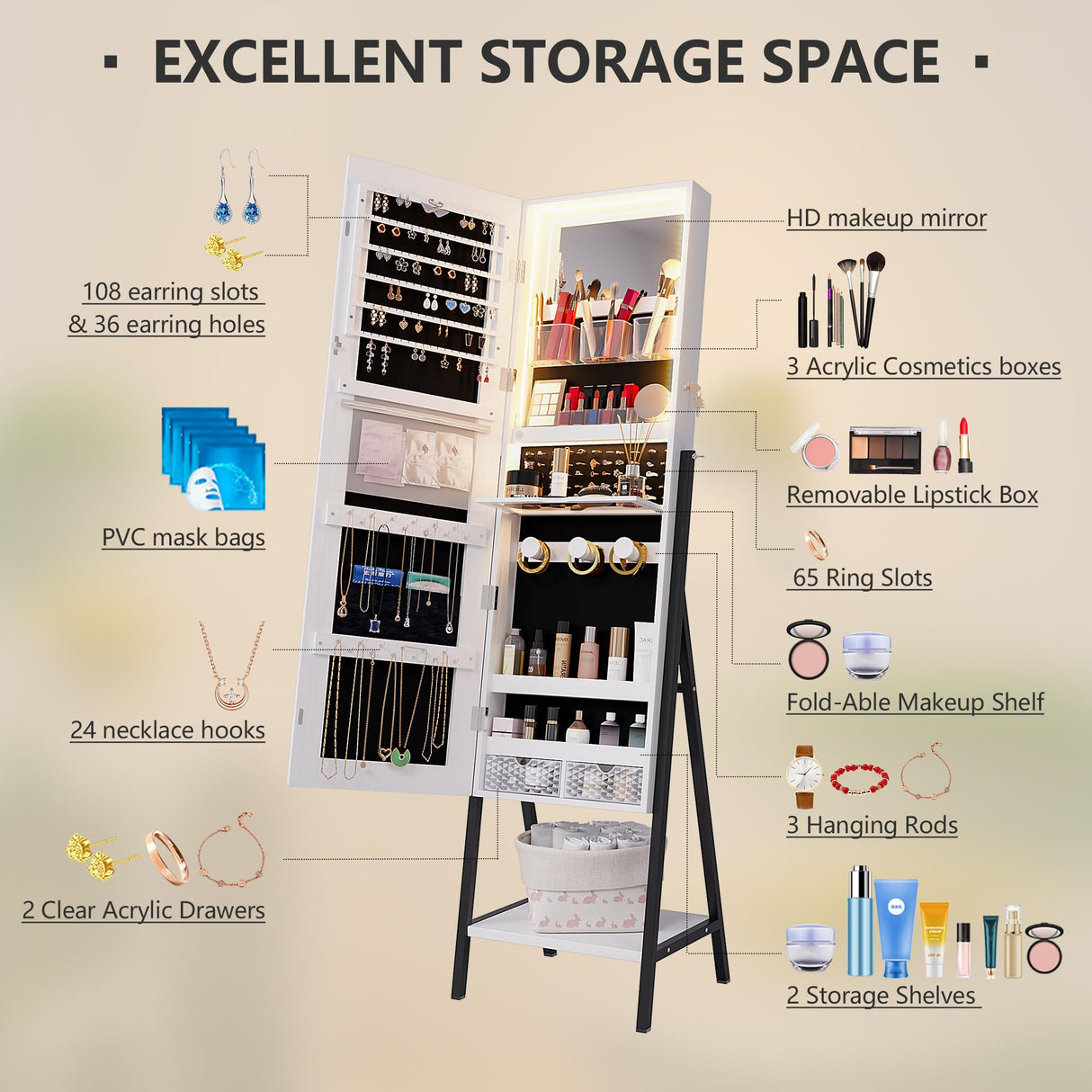 jajov 47.2" LED Jewelry Cabinet Armoire, Standing Mirror with Jewelry Storage, Jewelry Organizer Armoire with Full Length Mirror, Lockable Jewelry Mirror Cabinet (White) jajov