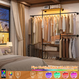 Cyclysio Industrial Pipe Clothing Rack, Reversible 7.25FT Wall Mounted Clothes Rack, Heavy Duty Garment Racks Closet Wardrobe with LED Lights& Shelves, Walk-in Closet System, Brown Cyclysio