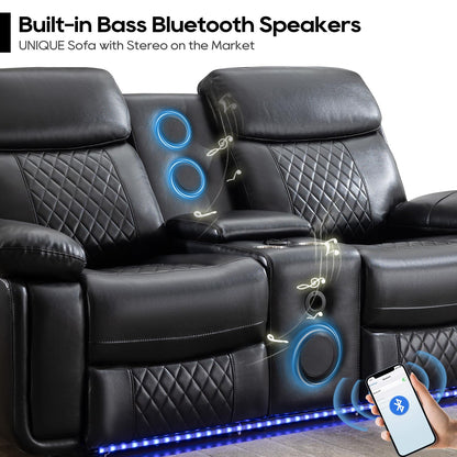 Power Recliner Sofa Set with Bass Speakers for Living Room, Leather 3 Seater Reclining Sofa and Loveseat Seating Couch With Wireless Charger, LED Lights, Home Theater Love seat Sets With Console,Black