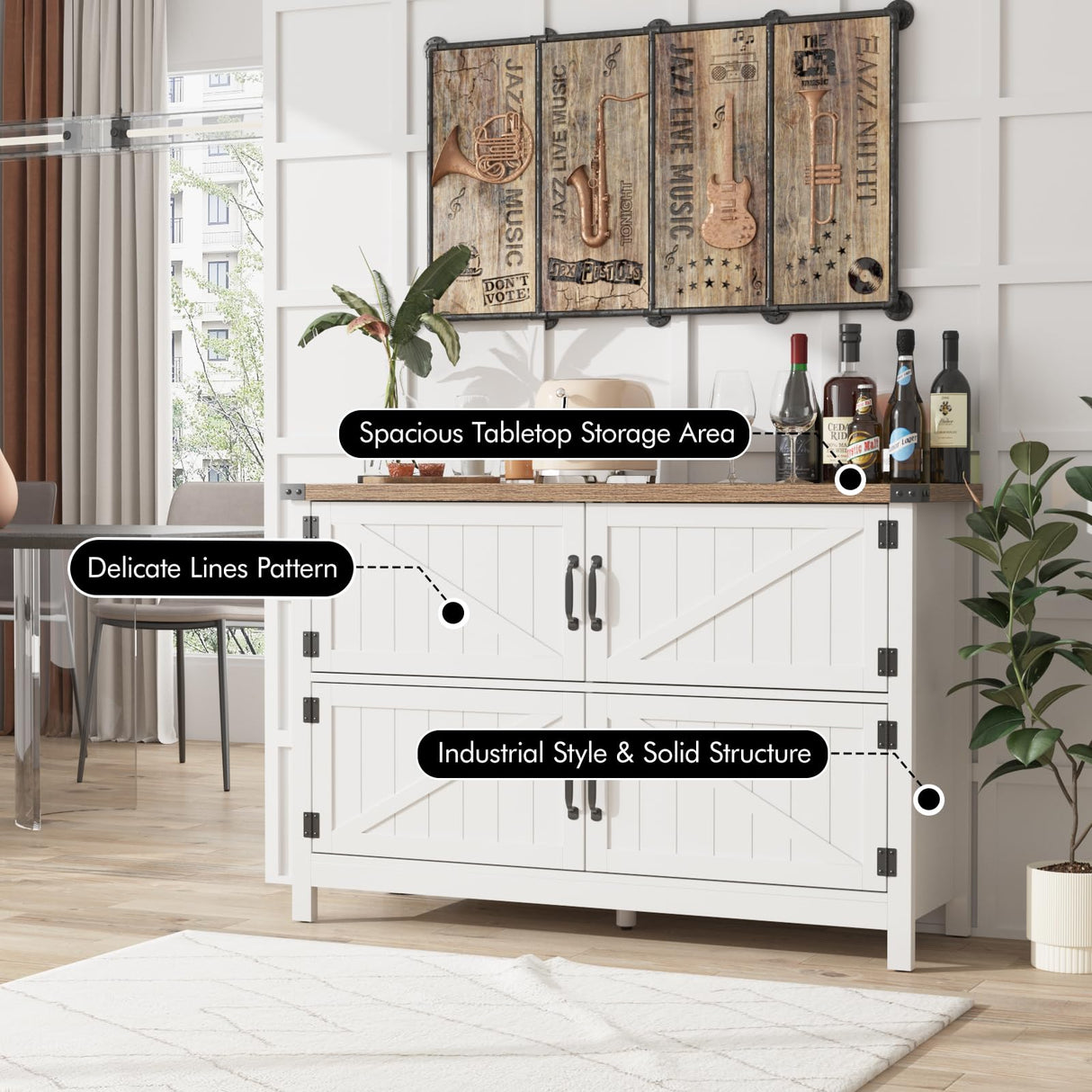 Vabches Storage Cabinet with 4 Barn Doors, 47.3'' Coffee Bar Buffet Cabinet, Sideboard Buffet Cabinet for Dinning Room, Kitchen & Living Room,White Vabches