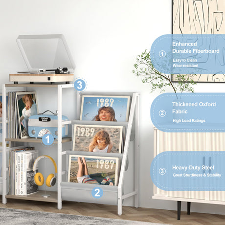 Record Player Stand with Vinyl Storage, Record Player Table with Record Storage 200 Albums, Turntable Stand with Record Holder Vinyl Display Shelf, Record Cabinet Media Stereo Tewinko